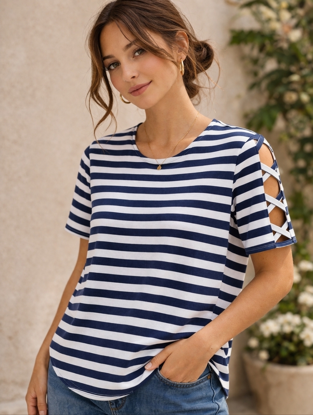 Ruby Rd Navy & White Striped Cutout Sleeve Tee PM Cotton Nautical Chic Casual